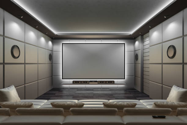 istock Luxurious Modern Home Cinema with White Ambient Lighting and Soundproofing 2174007252