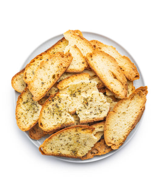 istock Crispy roasted bruschetta bread isolated on white background. 2174007527