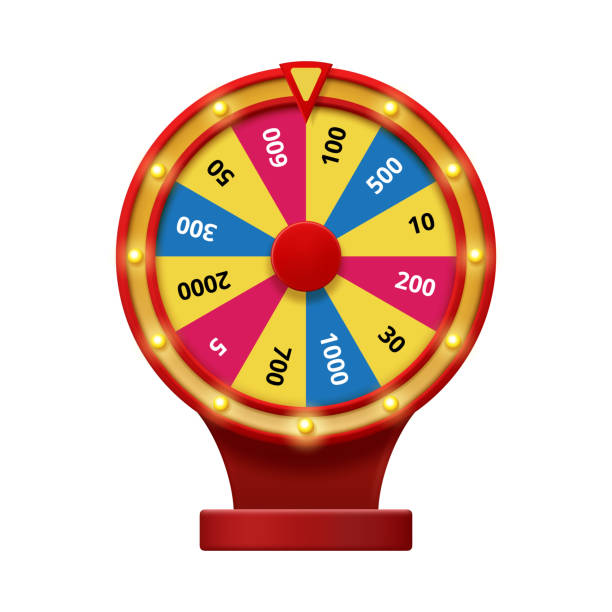 istock Fortune or gambling wheel with pointer and sum of prize. Vector realistic lottery game in casino, spinning roulette and winning money in raffle entertainment. Machine with lights and numbers 2174007977
