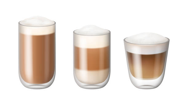 istock Cappuccino or latte macchiato coffee drink glass realistic isolated glass cups on white. Cold frozen or hot coffee, refreshing aromatic energy drink. Delicious iced beverage with foam and cream 2174007983