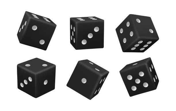 istock Cubes for gambling games design, casino craps and poker, tabletop or board games. Vector isolated realistic set of black dice with dots, different position in motion. Random numbers, trying luck 2174012611