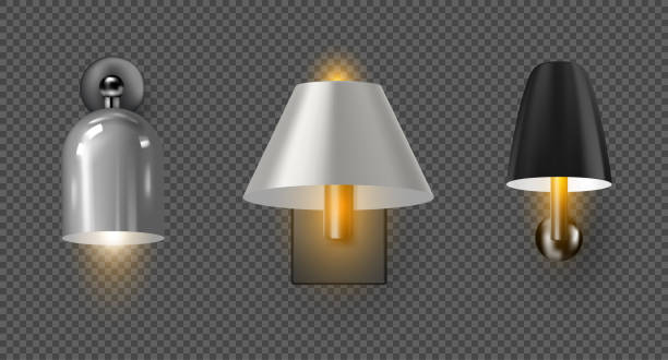 istock Sconces with lampshades. Vector isolated set of realistic wall lights for exterior and interior design. Illuminating bright electrical bulbs for glowing in loft apartments or classic homes styles 2174013197