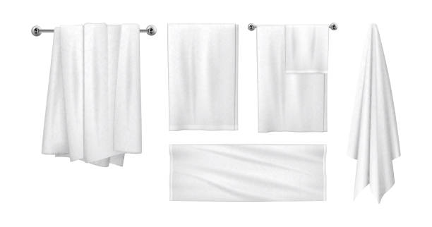 istock Soft clean towels on hangers. Vector isolated set of realistic home textile for interior decoration of bathroom. Hygiene and personal use textile. Spa salon or accessories for massage care 2174013235