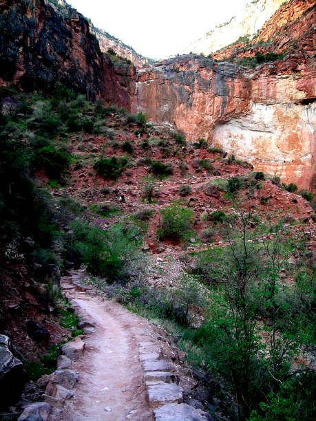 The Bright Angel Trail is a scenic and challenging hiking route that descends from the South Rim of the Grand Canyon to its base. On a clear day, the trail winds through steep switchbacks, rugged cliffs, and natural rock formations, providing expansive views of the canyon's layered geology