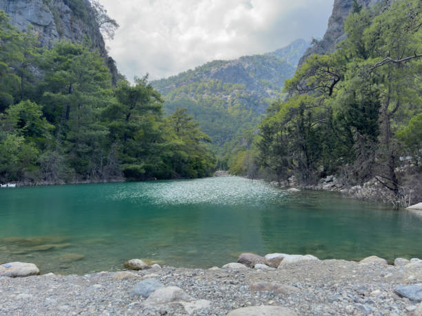 istock Mountain river with blue azure transparent water flowing in a canyon 2174019183