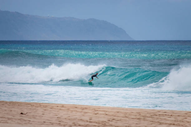 Haleiwa, Hawaii, USA - April 3, 2024: Scenic view of Banzai Beach on the island of Oahu, Hawaii, USA against blue sky with clouds