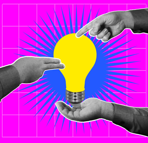 istock Collage abstract style teamwork and brainstorming business and finance sales concept with various hand gestures pointing to lightbulb 2174032820