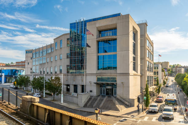Yonkers, NY - US - Sep 21, 2024 The Yonkers' Riverfront Library, situated by the waterfront and across from the train station, offers stunning views, modern spaces, and a vibrant community hub.