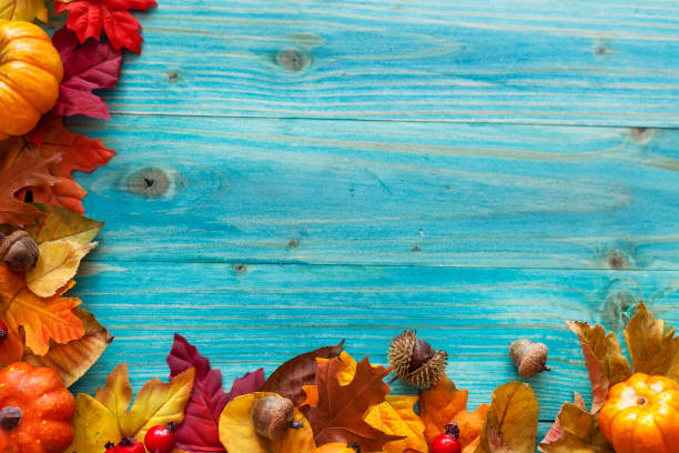 istock Autumn background with colorful leaves and pumpkins 2174038263