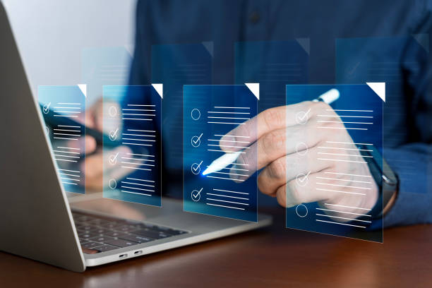 istock Questionnaire with checkboxes, filling survey form online, answer questions of test. Survey form concept. 2174049006