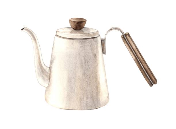Ceramic teapot for hot water. Watercolor illustration of a teapot for making coffee or tea, hand drawn on an isolated background. For the design of shops, cafes, banners, postcards, invitations