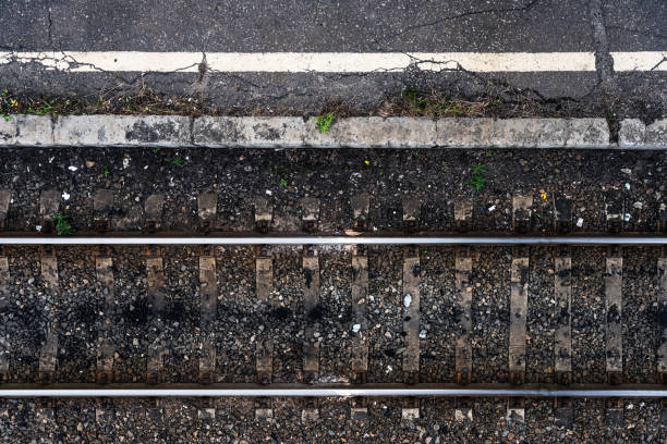 Old railway at the railway station, directly above view