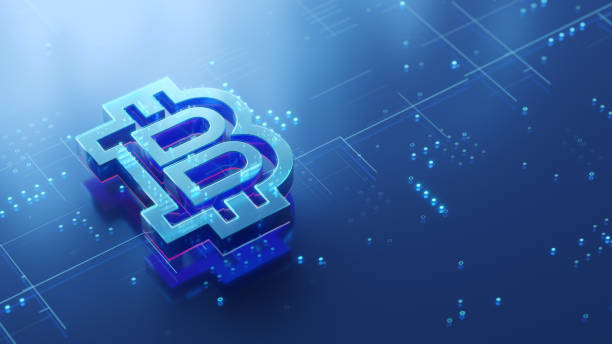 istock Bitcoin 3d sign on the glossy futuristic surface with abstract glowing dots and lines 2174071489