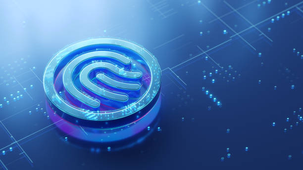istock Digital authentication and biometrics concept. Fingerprint 3d icon on the glossy futuristic surface with abstract glowing dots and lines 2174071562