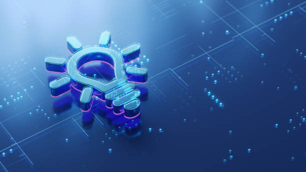 istock Digital creative ideas and solutions concept. Light bulb 3d icon on the glossy futuristic surface with abstract glowing dots and lines 2174071574
