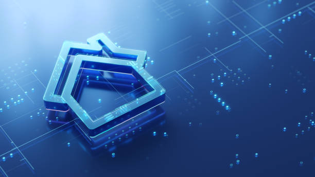 istock Home 3d icon on the glossy futuristic surface with abstract glowing dots and lines 2174071733