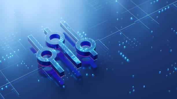 istock System settings concept. System configuration 3d icon on the glossy futuristic surface with abstract glowing dots and lines 2174071959