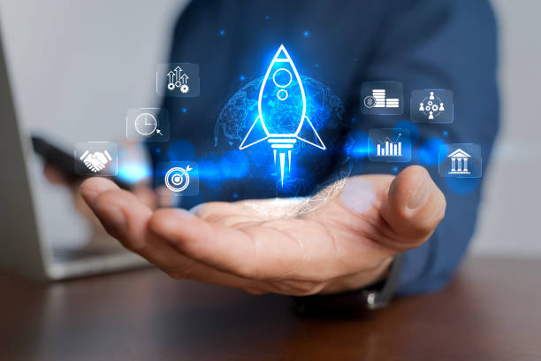 istock Businessman and rocket start flying up and network line connection. Startup concept strategy 2174072313