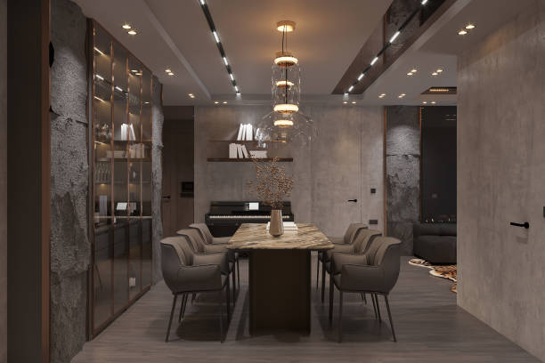 istock Elegant Modern Dining Room with Ambient Lighting and Piano Corner 2174078558