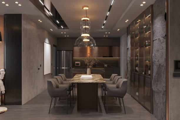 istock Luxury Modern Dining Room with Designer Lighting and Contemporary Kitchen 2174078586
