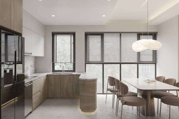 istock Modern Minimalist Kitchen and Dining Area with Large Windows and Natural Light 2174078761