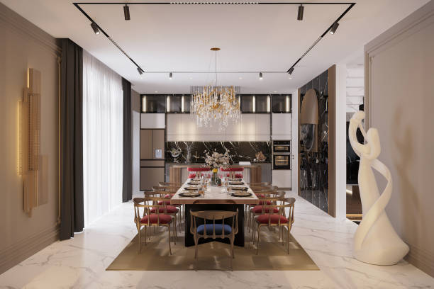 istock Luxury Modern Dining Room with Marble Kitchen and Gold Chandelier 2174080653