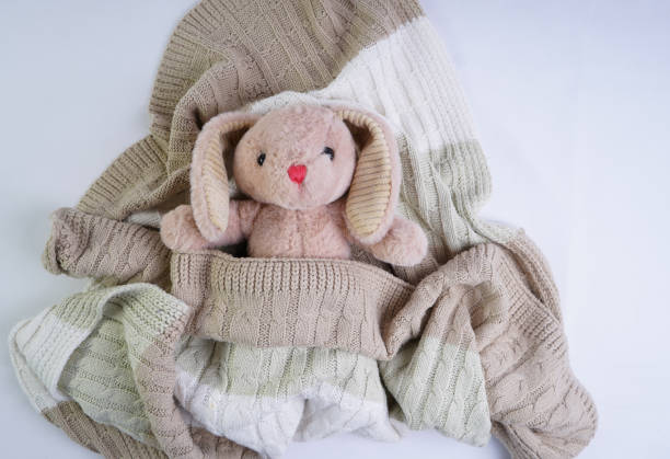 istock A stuffed rabbit wrapped in a knitted blanket 2174083259