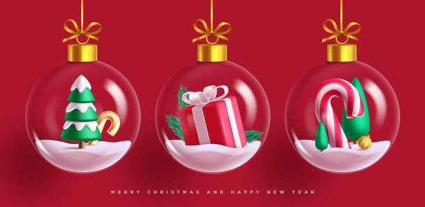 istock Christmas glass ball vector set design. Christmas crystal ball with pine tree, gift box and candy cane xmas elements and ornaments in red background. 2174083270