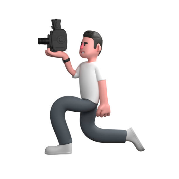istock Professional Camera Operator Character . A male photographer is kneeling on one leg, while holding the camera in his right hand. 3D Male Model 2174085835