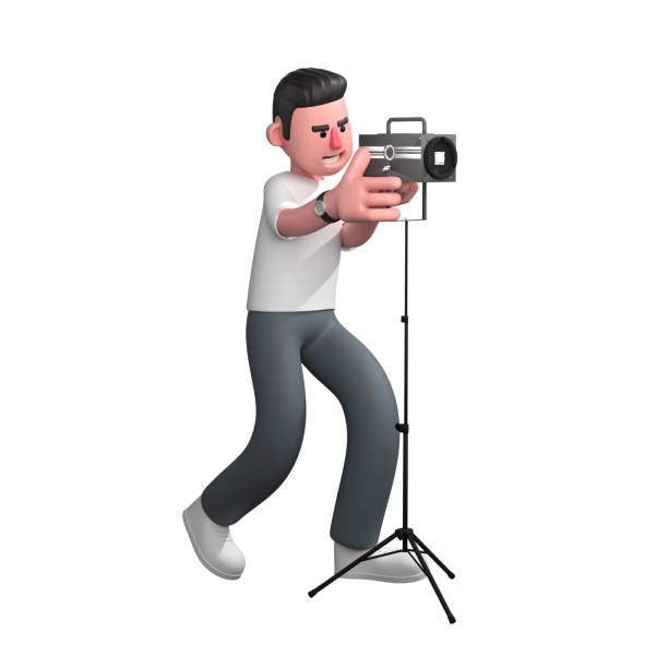 istock 3D Media Character. A male photographer is standing with both hands holding a studio light mounted on a tripod, with his body leaning slightly forward. Male Photographer Illustration 2174086072