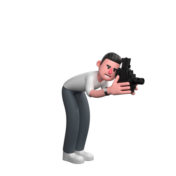 istock Illustrated Media Professional. A male photographer is bending forward while holding a camera with both hands and his face is close to the camera. 3D Male Photographer 2174086112