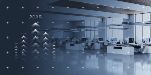 istock Upward arrows showing growth towards 2025 in a modern office. 3D Rendering 2174090223