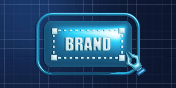 Branding concept image featuring digital pen and blue brand sign on a dark blue grid background. 3D Rendering