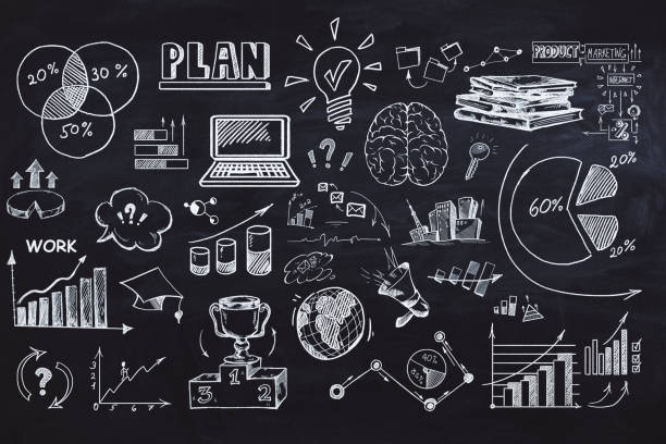 Various business planning sketches, including graphs, pie charts, and icons, drawn on a blackboard background. Concept of strategy and entrepreneurship. 3D Rendering