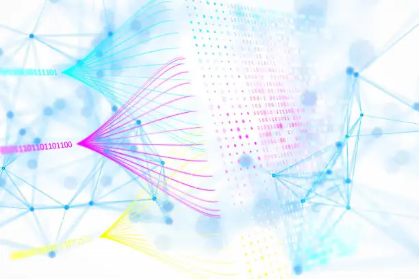 Photo of Abstract digital data visualization with binary code and network connections. 3D Rendering