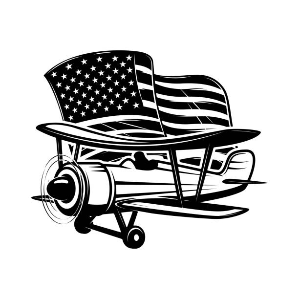 Retro airplane with american flag. Design element for poster, card, banner, sign. Vector illustration