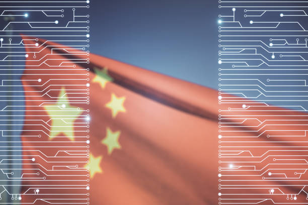 Abstract virtual micro chip hologram on Chinese flag and blue sky background, artificial intelligence and machine learning concept. Multi exposure