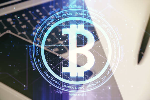 istock Creative Bitcoin concept with modern laptop background. Multiexposure 2174094190
