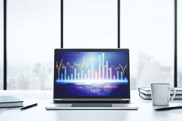 istock Computer monitor with abstract financial graph, finance and trading concept. 3D Rendering 2174094205