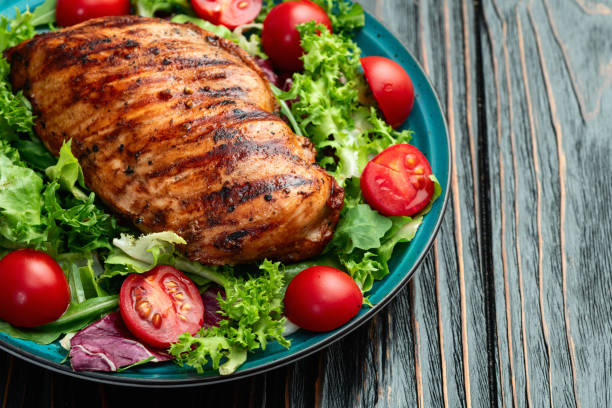 istock Grilled chicken breast ( fillet ) with lattuce salad and cherry tomatoes . Top view 2174096824
