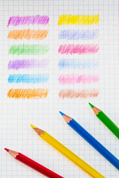 A Rainbow of Colored Pencils Creating a Colorful Composition. Colored pencils are lined up on a piece of paper
