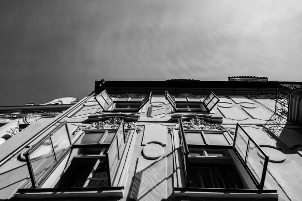 Low angle view of building in black and white