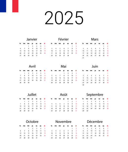illustrations, cliparts, dessins animés et icônes de calendrier français 2025. le modèle de conception vectorielle commence à partir de lundi. mois complets pour le calendrier mural - langue française