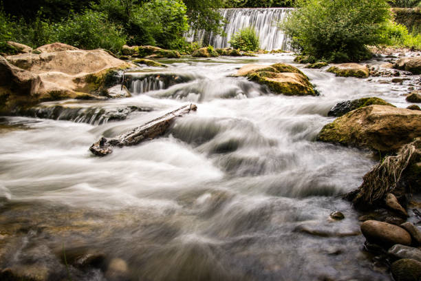 long exposure of a river and waterfall in a lush forest