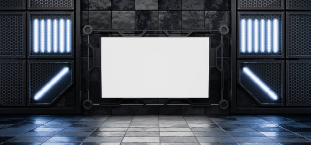 istock Modern warehouse with empty billboard. Tunnel. Cyberpunk billboard. Futuristic empty white billboard mockup. Sci-fi, empty billboard. Billboard in futuristic hangar. Grunge, concrete. 3d render. 2174109116
