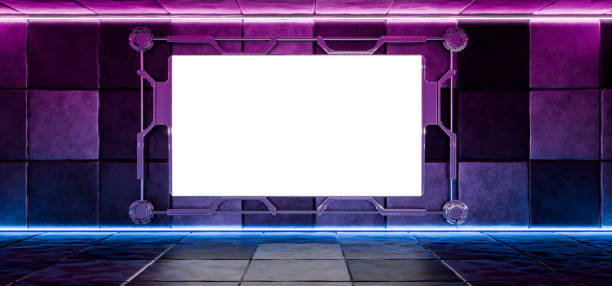 istock Billboard in futuristic hangar. Modern warehouse with empty billboard. Grunge, concrete. Tunnel. Sci-fi, empty billboard. Cyberpunk billboard. Futuristic empty white billboard mockup. 3d render. 2174109136