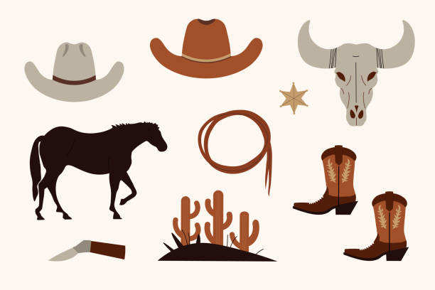 Hand drawn vector set with cowboy wild west theme elements on isolated background. Flat illustration with horse, cowboy hat, boots, cacti, knife, sheriff badge, bull head, lasso whip. Design icons Hand drawn vector set with cowboy wild west theme elements on isolated background. Flat illustration with horse, cowboy hat, boots, cacti, knife, sheriff badge, bull head, lasso whip. Design for card, print, paper, flyer, template theme wild wild west stock illustrations