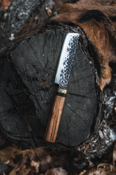 istock Hand-Forged Knife with Textured Blade on Tree Stump 2174111274