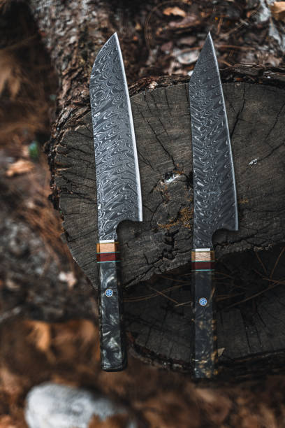 istock Two Ornate Hand-Forged Knives on Tree Stump 2174111282