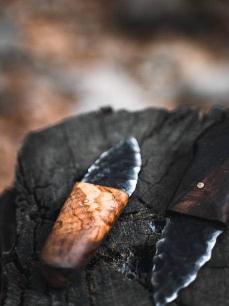 Handcrafted Knife with Wooden Handle on a Stump